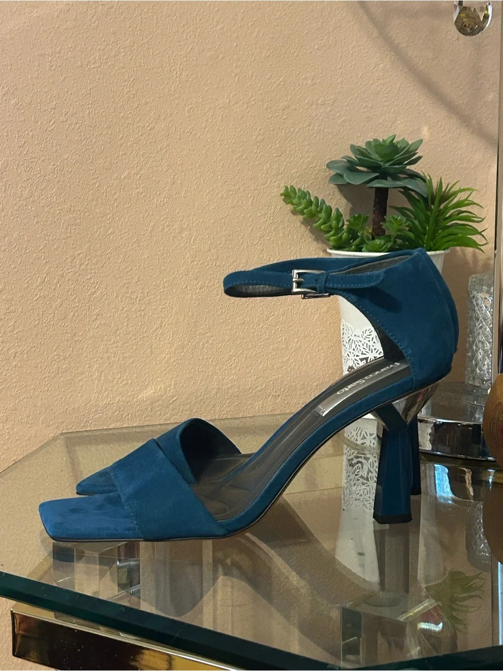 Never Worn * Franco Sarto Blue Suede Open-Toe Silver Heel Sandals Size 9.5